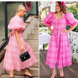 NWT AJE Bungalow Puff Sleeve Midi Dress Pink White Check, Size 8/Large NEW